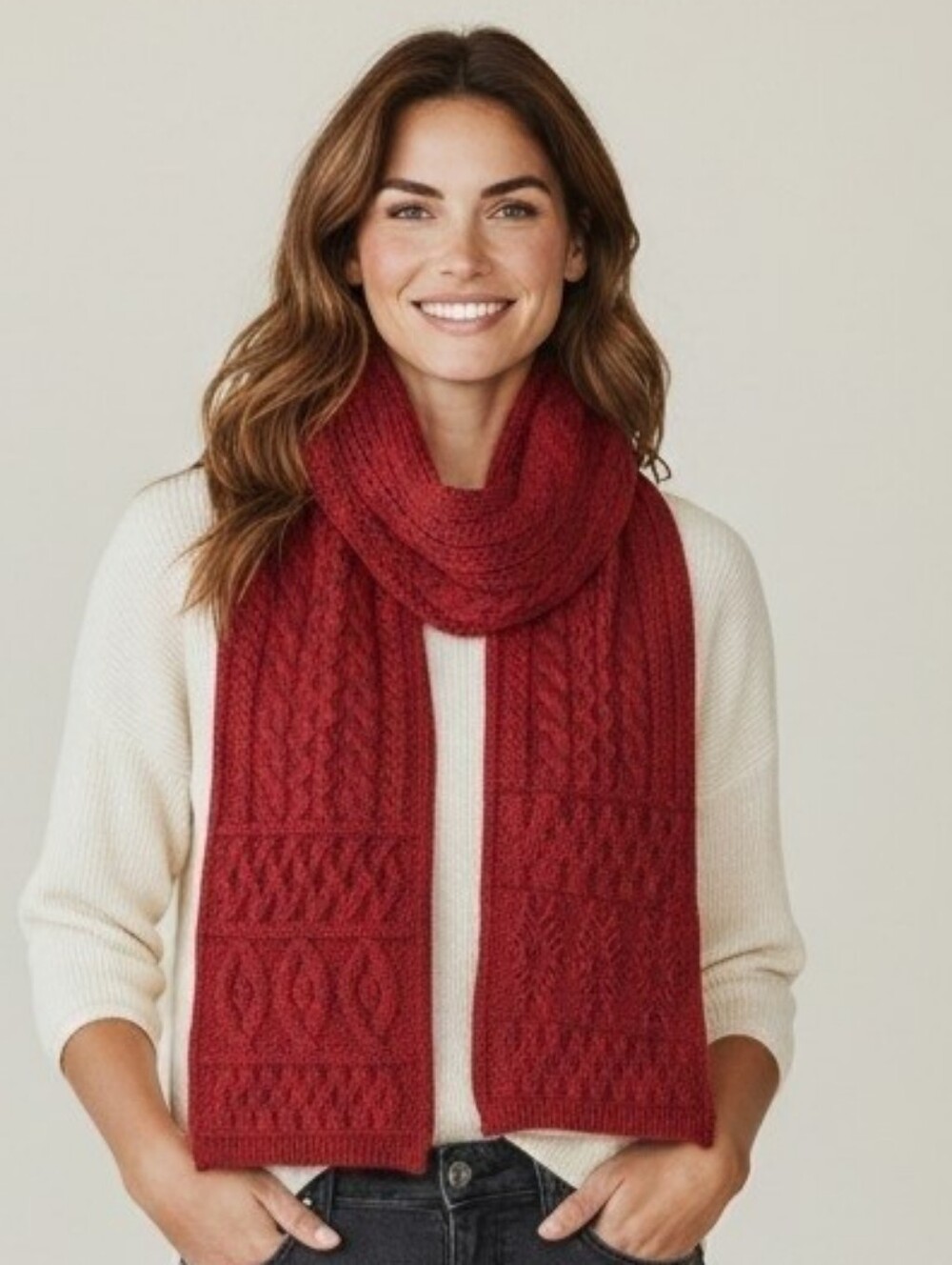 Aran Crafts Wool Honeycomb Red Scarf Unisex Ireland 64x9 Inch Cable Knit Celtic - Picture 3 of 11